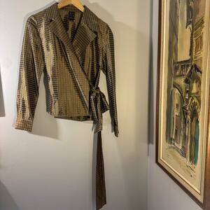 VTG Dué Per Dué Silk Blend Wrap Top | Metallic Gold Grid Check Blouse (Size 6)